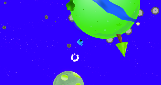 The player travels across mini planets, dodging saws and any other harmful things